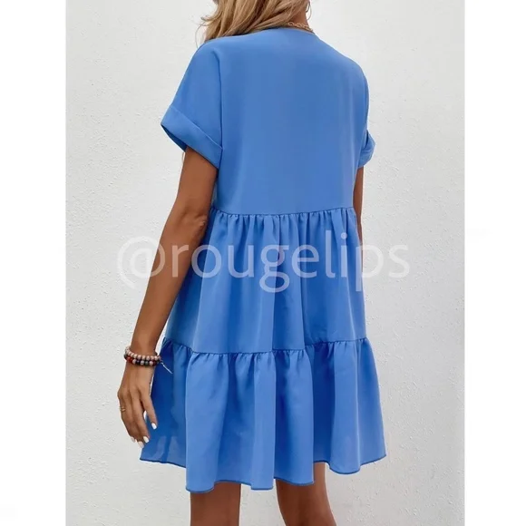 Blue Short Sleeve Loose Fitting Mini Dress V-Neck Ruffle Flared Hem - Picture 5 of 8